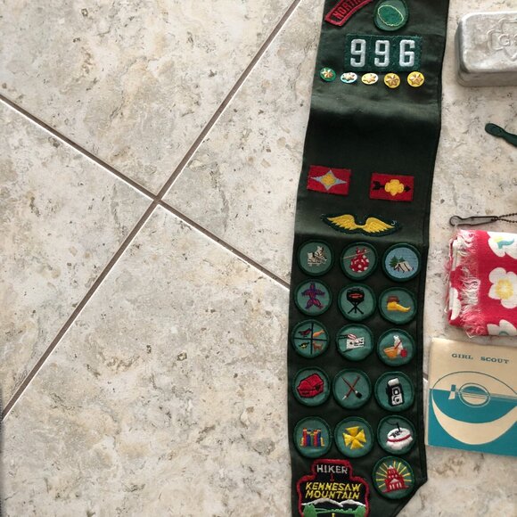 Vintage 60s 70s girl scout sash merit badges pins Scarf Songbook Soap Lot Bundle - Picture 5 of 7